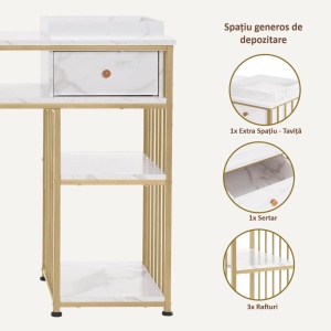 MANIAU210 - Masuta manichiura, 110 cm, birou, masa cosmetica pentru salon cu 1 Sertar si Tavita - Alb - Auriu - Img 5