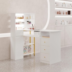 MANIAU211 - Masuta manichiura, 120 cm, birou, masa cosmetica pentru salon cu Aspirator Incorporat, Priza, LED, Sertare si Rafturi - Alb - Auriu - Img 5