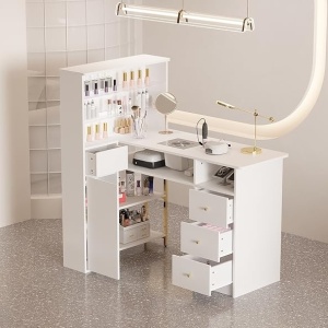 MANIAU211 - Masuta manichiura, 120 cm, birou, masa cosmetica pentru salon cu Aspirator Incorporat, Priza, LED, Sertare si Rafturi - Alb - Auriu - Img 12