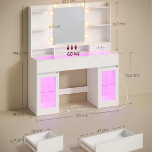 Masuta de machiaj 107 cm, cu Oglinda LED si 3 Sertare pentru Cosmetice, Set Masa toaleta Alba, masuta cosmetica, vanity cu dulapiore si rafturi - SEA21 - Img 2