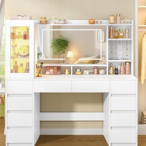 Masuta de machiaj 140 cm, cu Oglinda LED si 10 Sertare pentru Cosmetice, Set Masa toaleta Alba, masuta cosmetica, vanity cu dulapior si rafturi - SEA20 - Img 3