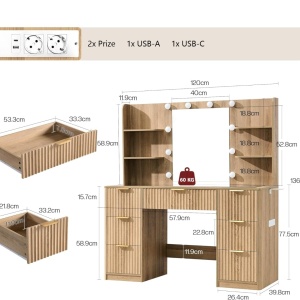Masuta machiaj Alba sau Maro cu Oglinda LED si 7 Sertare pentru Cosmetice, Set Masa toaleta 120 cm, cu 2 Prize, USB si USB-C, masuta cosmetica, vanity cu Riflaj si Rafturi - SEM25 - Img 3