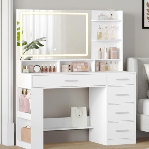 Masuta machiaj cu Oglinda HD LED si 5 Sertare pentru Cosmetice, Set Masa toaleta 108 cm, Alb, masuta cosmetica, vanity - SEA13 - Img 4
