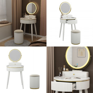 Masuta machiaj cu Oglinda LED si 1 Sertar pentru Cosmetice, Set Masa toaleta 60 cm, Alb, masuta vanity cu Riflaj, cosmetica - SEA459 - Img 3