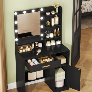 Masuta machiaj cu Oglinda LED si 1 Sertar pentru Cosmetice, Set Masa toaleta 80 cm, Alb / Negru / Gri, masuta cosmetica, vanity - SEG19 - Img 5
