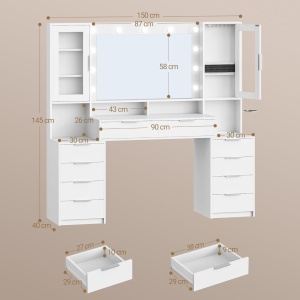 Masuta machiaj cu Oglinda LED si 10 Sertare pentru Cosmetice, Set Masa toaleta 150 cm, Alb, masuta cosmetica cu Priza si USB, vanity cu Suport Uscator de Par si Dulapior Bijuterii - SEA10 - Img 4