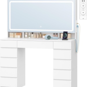 Masuta machiaj cu Oglinda LED si 11 Sertare pentru Cosmetice, Set Masa toaleta 108 cm, Alb, masuta cosmetica, vanity cu Priza si USB - SEA12 - Img 6
