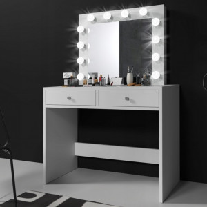 Masuta machiaj cu Oglinda LED si 2 Sertare pentru Cosmetice, Alb, masuta cosmetica, vanity - SEA504