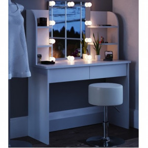 Masuta machiaj cu Oglinda LED si 2 Sertare pentru Cosmetice, Alb, masuta cosmetica, vanity - SEA251 - Img 1