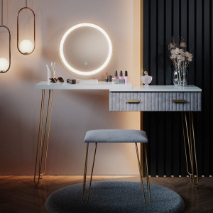 Masuta machiaj cu Oglinda LED si 2 Sertare pentru Cosmetice, Set Masa toaleta 120 cm, Alb, masuta cosmetica, vanity - SEA393