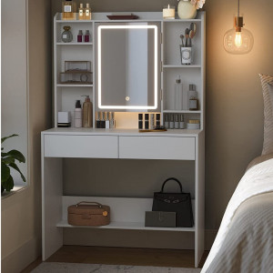 Masuta machiaj cu Oglinda LED si 2 Sertare pentru Cosmetice, Set Masa toaleta 90 cm, Alb, masuta cosmetica, vanity cu sau fara Priza, cu sau fara Scaun - SEA81 - Img 1
