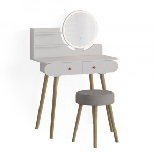 Masuta machiaj cu Oglinda LED si 2 Sertare pentru Cosmetice, Set Masa toaleta 80 cm, Alb, masuta cosmetica, vanity - SEA416 - Img 7