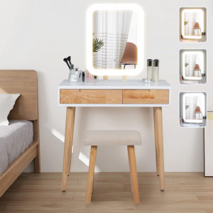 Masuta machiaj cu Oglinda LED si 2 Sertare pentru Cosmetice, Set Masa toaleta 80 cm, Alb, masuta cosmetica, vanity - SEA431 - Img 4