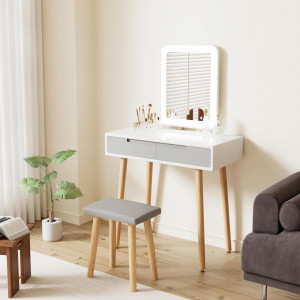 Masuta machiaj cu Oglinda LED si 2 Sertare pentru Cosmetice, Set Masa toaleta 80 cm, Alb, masuta cosmetica, vanity - SEA433