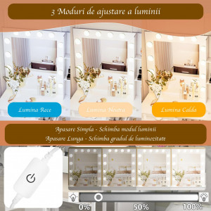 Masuta machiaj cu Oglinda LED si 2 Sertare pentru Cosmetice, Set Masa toaleta 90 cm, Alb, masuta cosmetica, vanity - SEA439 - Img 7