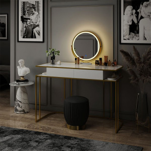 Masuta machiaj cu Oglinda LED si 2 Sertare pentru Cosmetice, Set Masa toaleta 110 cm, Alb, masuta cosmetica, vanity - SEA904