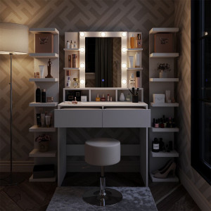 Masuta machiaj cu Oglinda LED si 2 Sertare pentru Cosmetice, Set Masa toaleta 80 cm, Alb, masuta cosmetica, vanity - SEA451