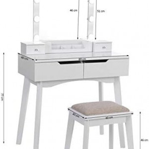 Masuta machiaj cu Oglinda LED si 2 Sertare pentru Cosmetice, Set Masa toaleta 80 cm, Alb, masuta cosmetica, vanity - SEA97 - Img 2