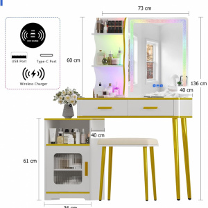 Masuta machiaj cu Oglinda LED si 2 Sertare pentru Cosmetice, Set Masa toaleta 80 cm, Alb, masuta cosmetica, vanity - SEA473 - Img 5