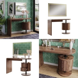 Masuta machiaj cu Oglinda LED si 2 Sertare pentru Cosmetice, Set Masa toaleta 120 cm, Maro, masuta cosmetica, vanity - SEM244 - Img 2