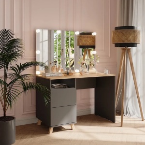Masuta machiaj cu Oglinda LED si 2 Sertare pentru Cosmetice, Set Masa toaleta 110 cm, Gri, masuta cosmetica, vanity - SEG18 - Img 4