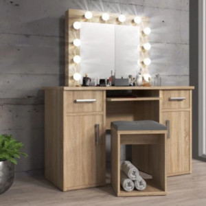 Masuta machiaj cu Oglinda LED si 2 Sertare pentru Cosmetice, Set Masa toaleta 120 cm, Alb, masuta cosmetica, vanity - SEA507 - Img 3