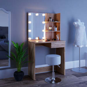 Masuta machiaj cu Oglinda LED si 2 Sertare pentru Cosmetice, Set Masa toaleta 75 cm, Maro, masuta cosmetica, vanity - SEM217