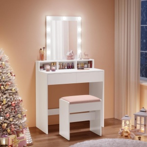 Masuta machiaj cu Oglinda LED si 2 Sertare pentru Cosmetice, Set Masa toaleta 80 cm, Alb, masuta cosmetica, vanity - SEA347