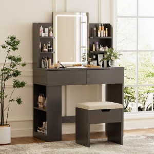 Masuta machiaj cu Oglinda LED si 2 Sertare pentru Cosmetice, Set Masa toaleta 90 cm, Alb / Negru / Roz, masuta cosmetica, vanity - SER203 - Img 4