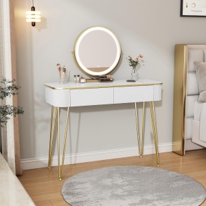Masuta machiaj cu Oglinda LED si 2 Sertare pentru Cosmetice, Set Masa toaleta 100 cm, Alb, masuta cosmetica, vanity - SEA471