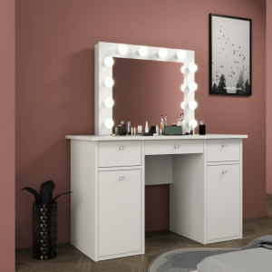Masuta machiaj cu Oglinda LED si 3 Sertare pentru Cosmetice, Set Masa toaleta 120 cm, Alb, masuta cosmetica, vanity - SEA537 - Img 3