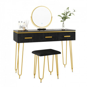 Masuta machiaj cu Oglinda LED si 3 Sertare pentru Cosmetice, Set Masa toaleta 100 cm, Negru, masuta cosmetica, vanity - SEN240 - Img 2
