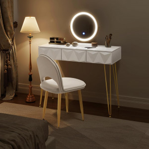 Masuta machiaj cu Oglinda LED si 3 Sertare pentru Cosmetice, Set Masa toaleta 100 cm, Alb Lucios, masuta cosmetica, vanity - SEA435