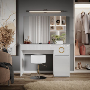 Masuta machiaj cu Oglinda LED si 3 Sertare pentru Cosmetice, Set Masa toaleta 115 cm, Alb Lucios, masuta cosmetica, vanity - SEA440 - Img 6