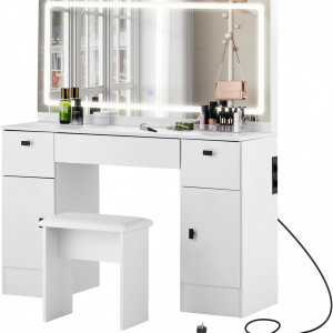 Masuta machiaj cu Oglinda LED si 3 Sertare pentru Cosmetice, Set Masa toaleta 117 cm, Alb, masuta cosmetica, vanity - SEA463 - Img 3