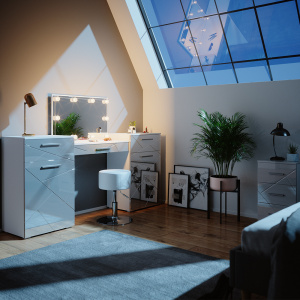 Masuta machiaj cu Oglinda LED si 3 Sertare pentru Cosmetice, Set Masa toaleta 190 cm, Alb Lucios, masuta cosmetica, vanity - SEA480