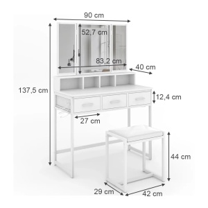 Masuta machiaj cu Oglinda LED si 3 Sertare pentru Cosmetice, Set Masa toaleta 90 cm, Alb, masuta cosmetica, vanity - SEA811 - Img 6