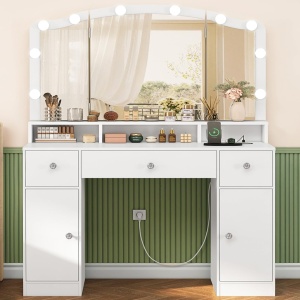 Masuta machiaj cu Oglinda LED si 3 Sertare pentru Cosmetice, Set Masa toaleta 102 cm, Alb, masuta cosmetica, vanity - SEA817