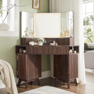 Masuta machiaj cu Oglinda LED si 3 Sertare pentru Cosmetice, Set Masa toaleta 122 cm, Maro, masuta cosmetica, vanity - SEM22