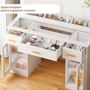 Masuta machiaj cu Oglinda LED si 3 Sertare pentru Cosmetice, Set Masa toaleta 110 cm, Alb, masuta cosmetica, vanity - SEA2 - Img 7