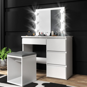 Masuta machiaj cu Oglinda LED si 4 Sertare pentru Cosmetice, Alb, masuta cosmetica, vanity - SEA512