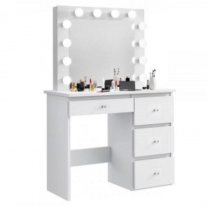 Masuta machiaj cu Oglinda LED si 4 Sertare pentru Cosmetice, Set Masa toaleta 94 cm, Alb, masuta cosmetica, vanity - SEA538 - Img 6