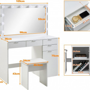 Masuta machiaj cu Oglinda LED si 4 Sertare pentru Cosmetice, Set Masa toaleta 105 cm, Alb, masuta cosmetica, vanity - SEA428 - Img 2