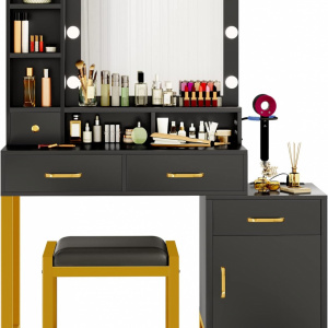 Masuta machiaj cu Oglinda LED si 4 Sertare pentru Cosmetice, Set Masa toaleta 107 cm, Negru, masuta cosmetica, vanity - SEN252 - Img 2