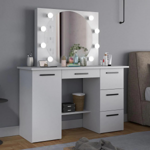 Masuta machiaj cu Oglinda LED si 4 Sertare pentru Cosmetice, Set Masa toaleta 120 cm, Alb, masuta cosmetica, vanity - SEA543