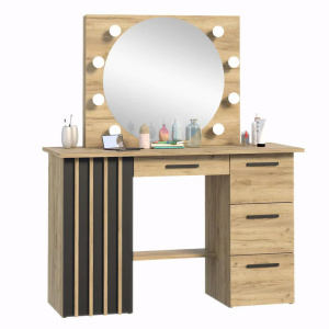 Masuta machiaj cu Oglinda LED si 4 Sertare pentru Cosmetice, Set Masa toaleta 120 cm, Stejar, masuta cosmetica, vanity - SEM518 - Img 4