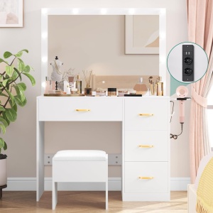 Masuta machiaj cu Oglinda LED si 4 Sertare pentru Cosmetice, Set Masa toaleta 90 cm, Alb, masuta cosmetica, vanity - SEA482 - Img 5