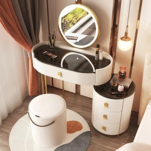 Masuta machiaj cu Oglinda LED si 4 Sertare pentru Cosmetice, Set Masa toaleta 60 cm, Alb, masuta cosmetica, vanity - SEA170