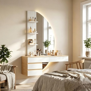 Masuta machiaj cu Oglinda LED si 4 Sertare pentru Cosmetice, Set Masa toaleta 106 cm, Alb - Maro, masuta cosmetica, vanity cu Riflaj si Rafturi - SEM247 - Img 7