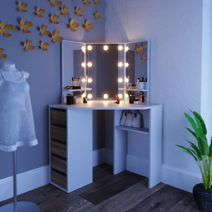 Masuta machiaj cu Oglinda LED si 5 Sertare pentru Cosmetice, Alb, masuta cosmetica, vanity - SEA274 - Img 6